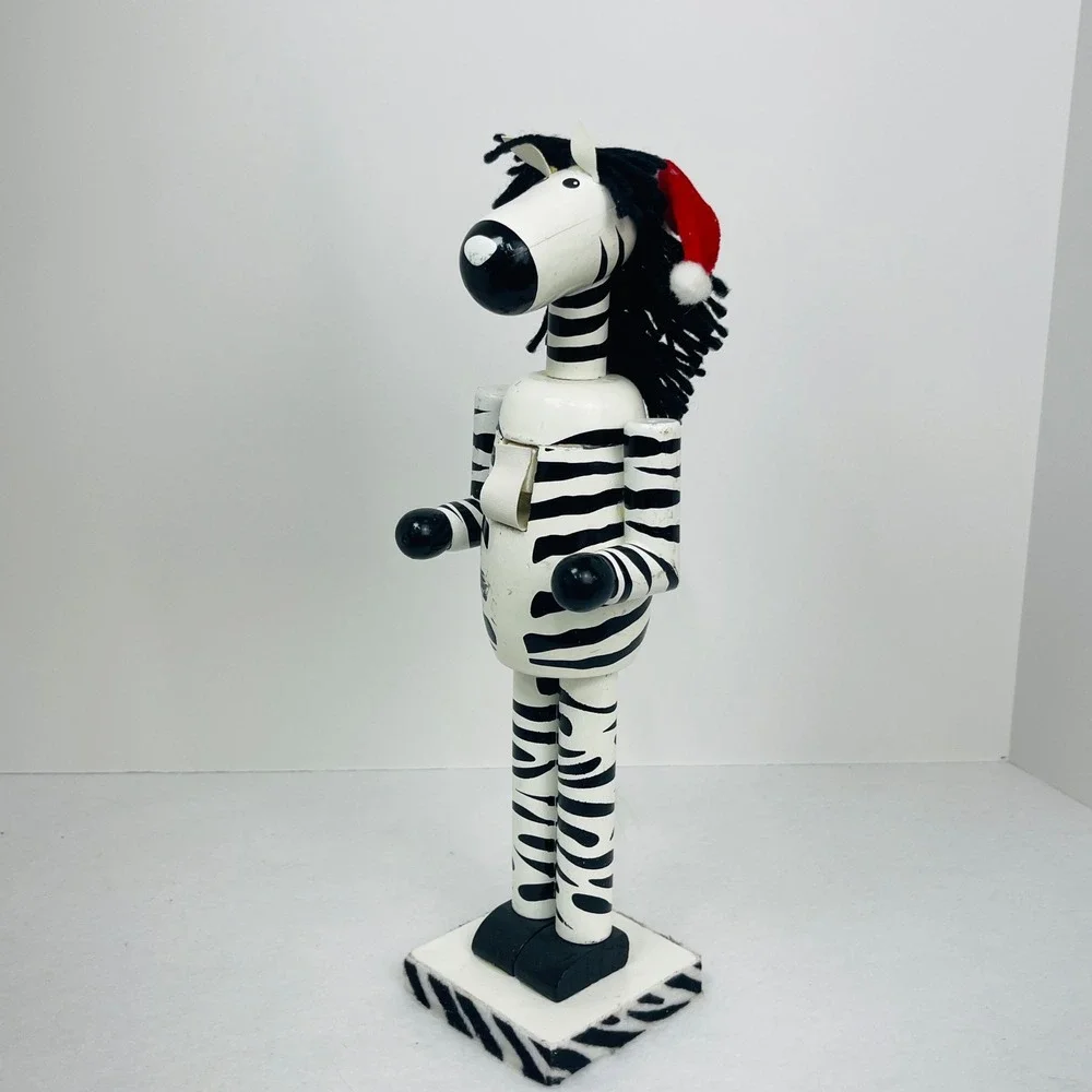 Zebra Wooden Nutcracker Christmas Decor Safari Animal Santa Hat 12 Inch